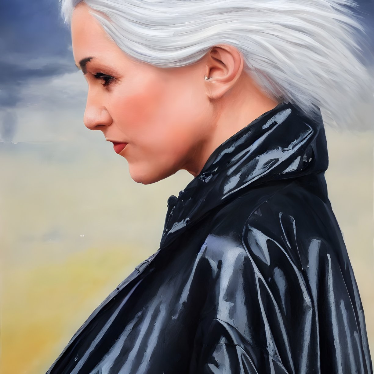Silver-Haired Woman in Black Jacket Against Yellow-Tinted Sky