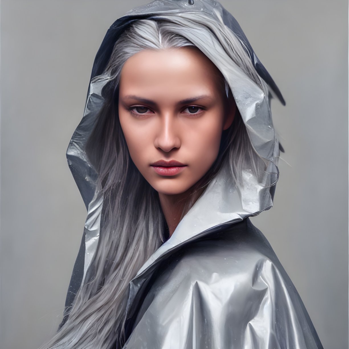 Silver-haired person in metallic jacket on gray background