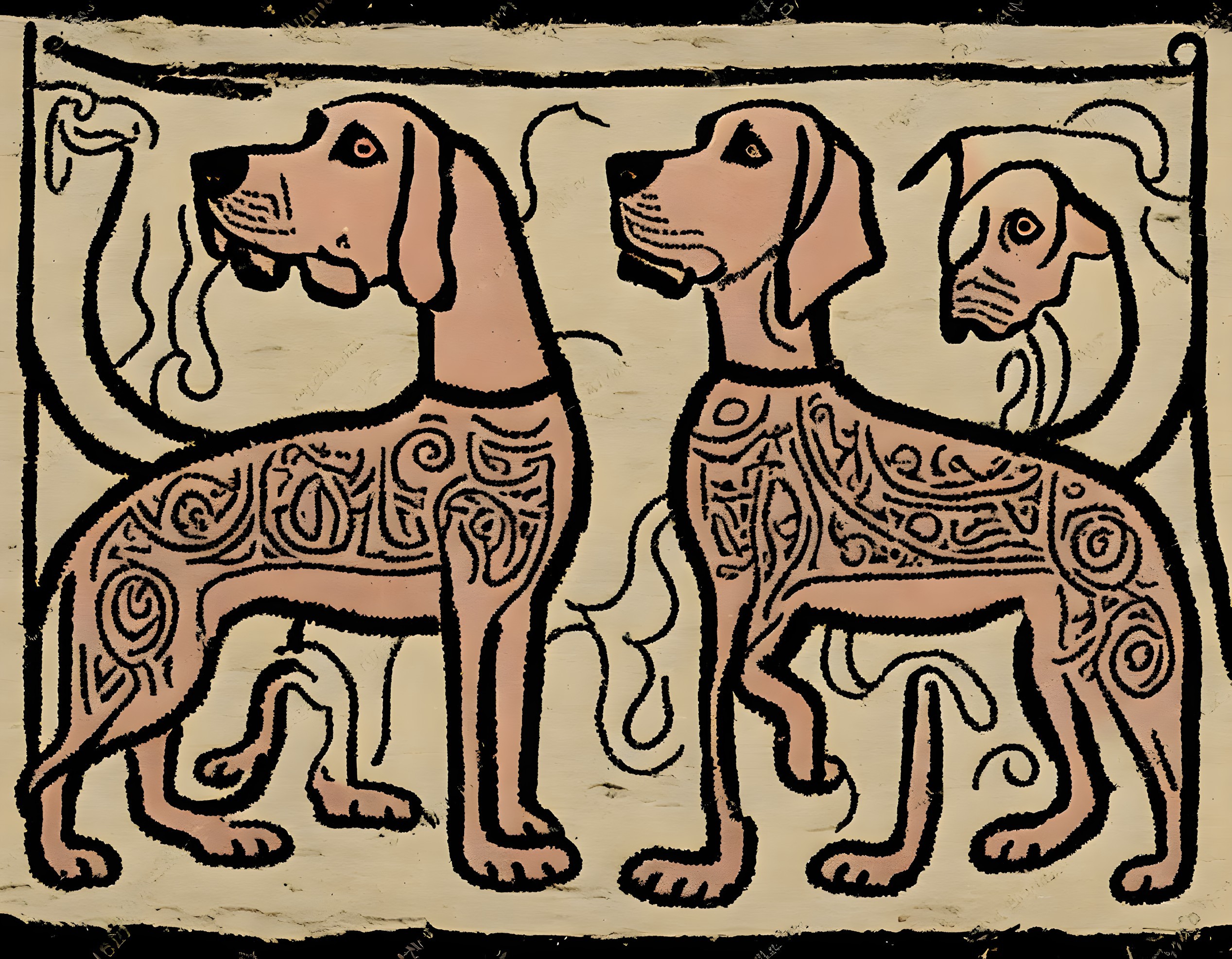 Three stylized profile dogs with intricate patterns on textured background