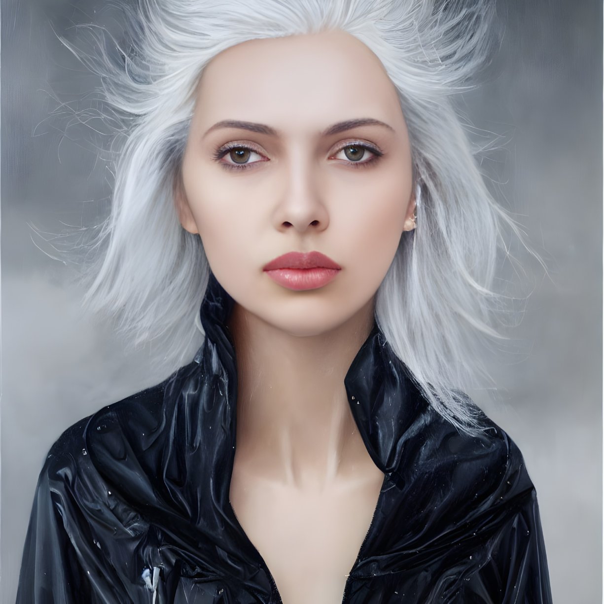 Portrait of person with pale skin, white hair, full lips, black top, gray backdrop