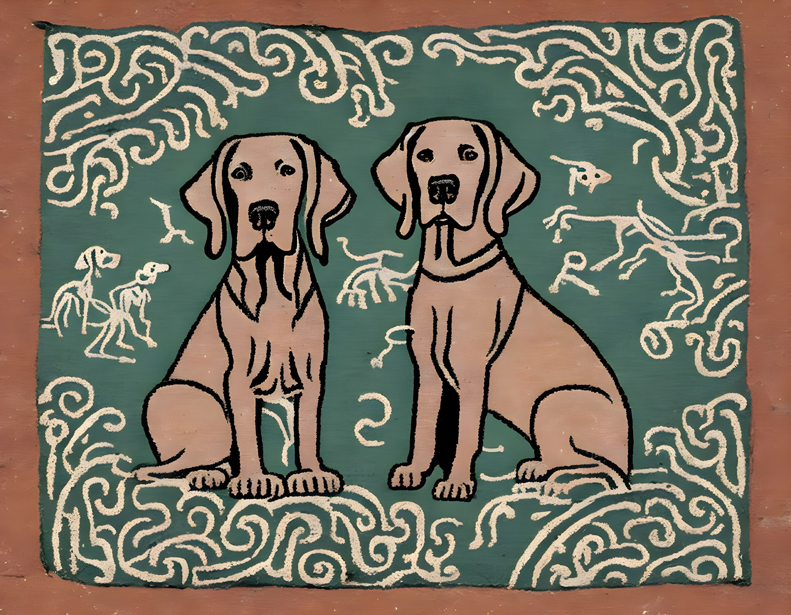 Illustration of two dogs in decorative border on terracotta background
