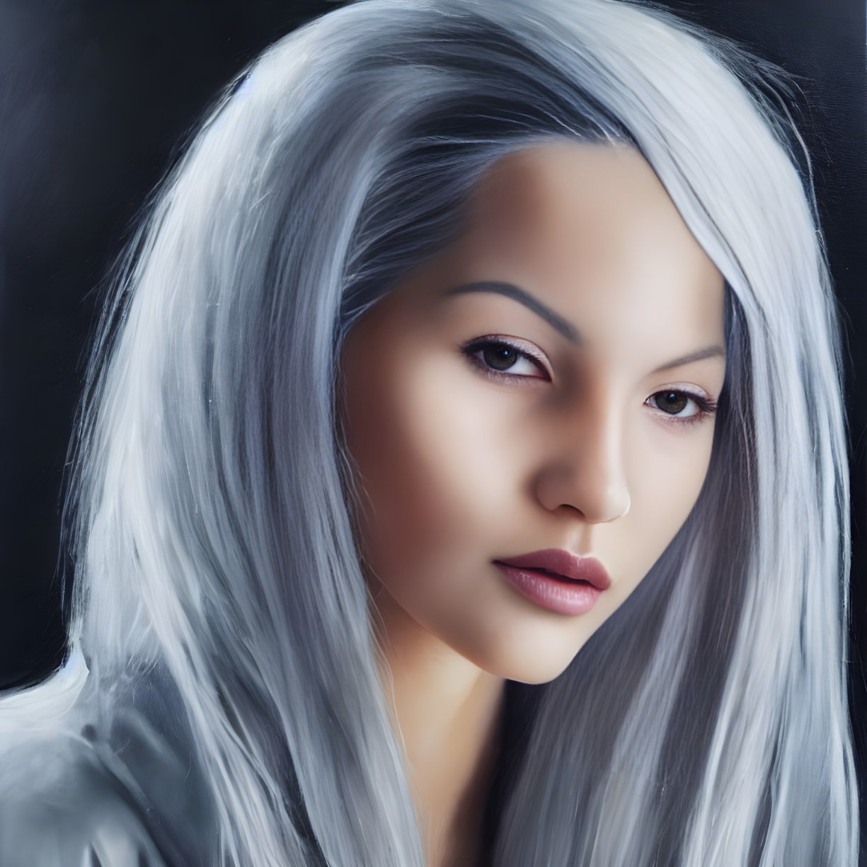 Portrait of Woman with Long White Hair and Dark Eyes on Dark Background