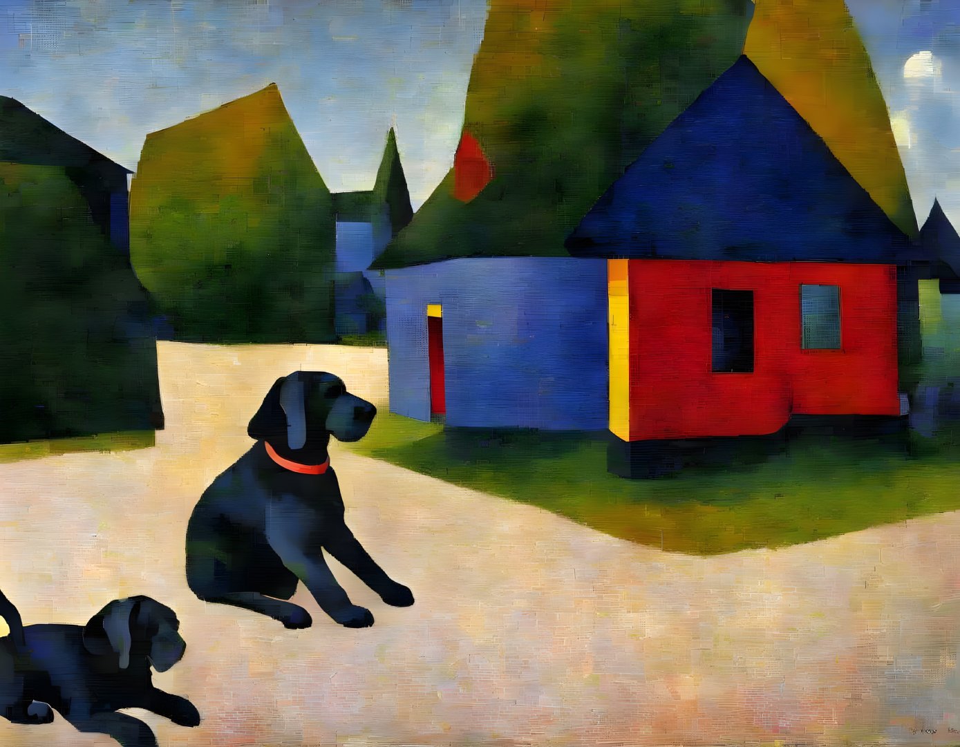 Two Black Dogs Sitting Among Colorful Houses on Path