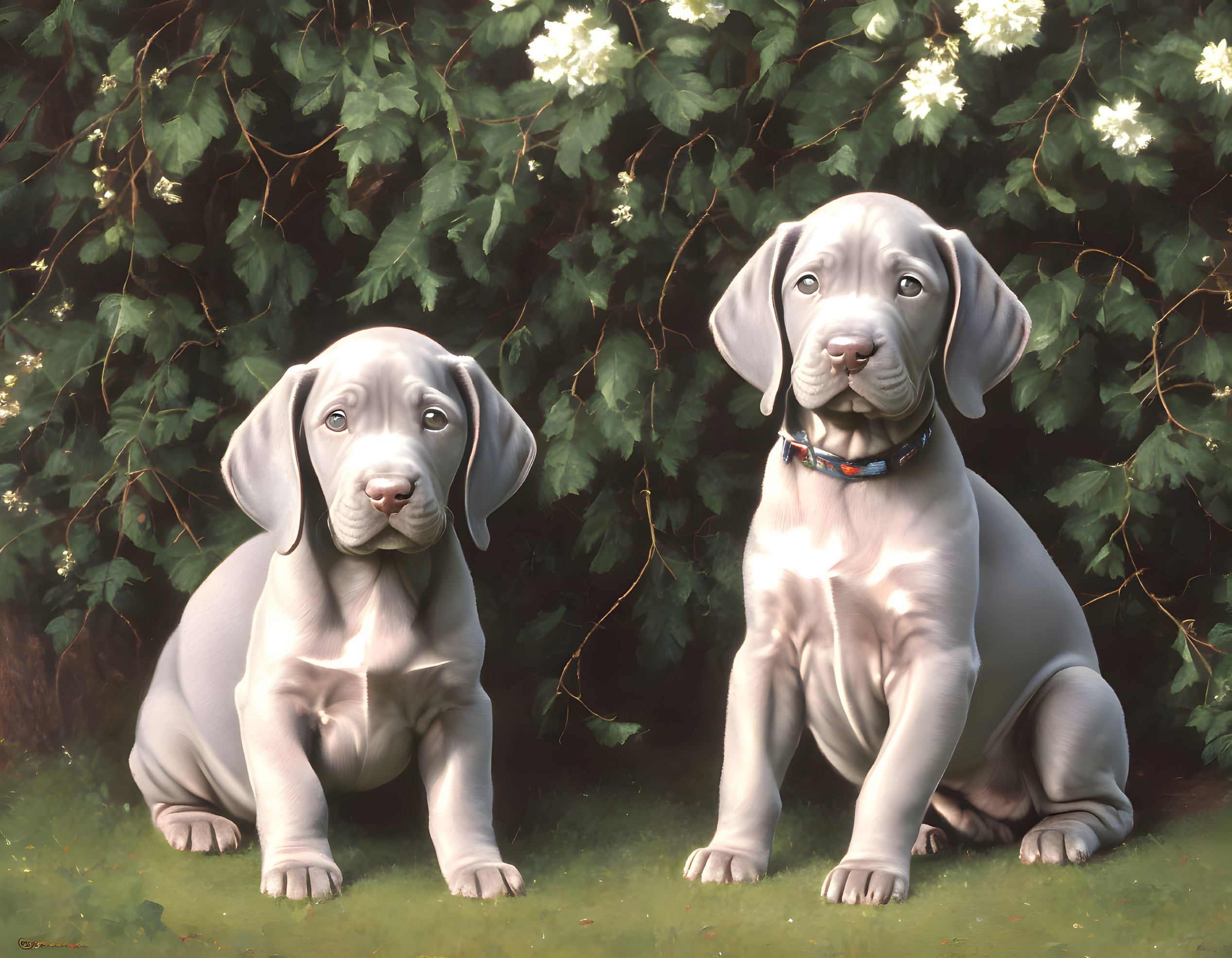 Two Weimaraner Puppies in Garden with Red Collar