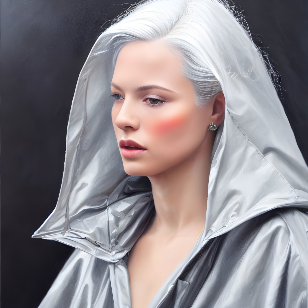 Silver-white Haired Woman in Metallic Hood with Fair Complexion and Pink Blush