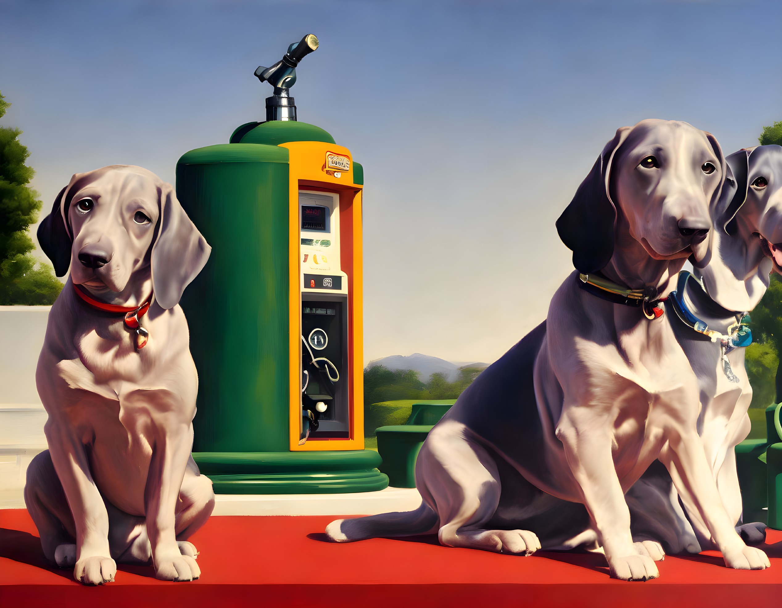 Three Weimaraner Dogs by Vintage Green Gas Pump