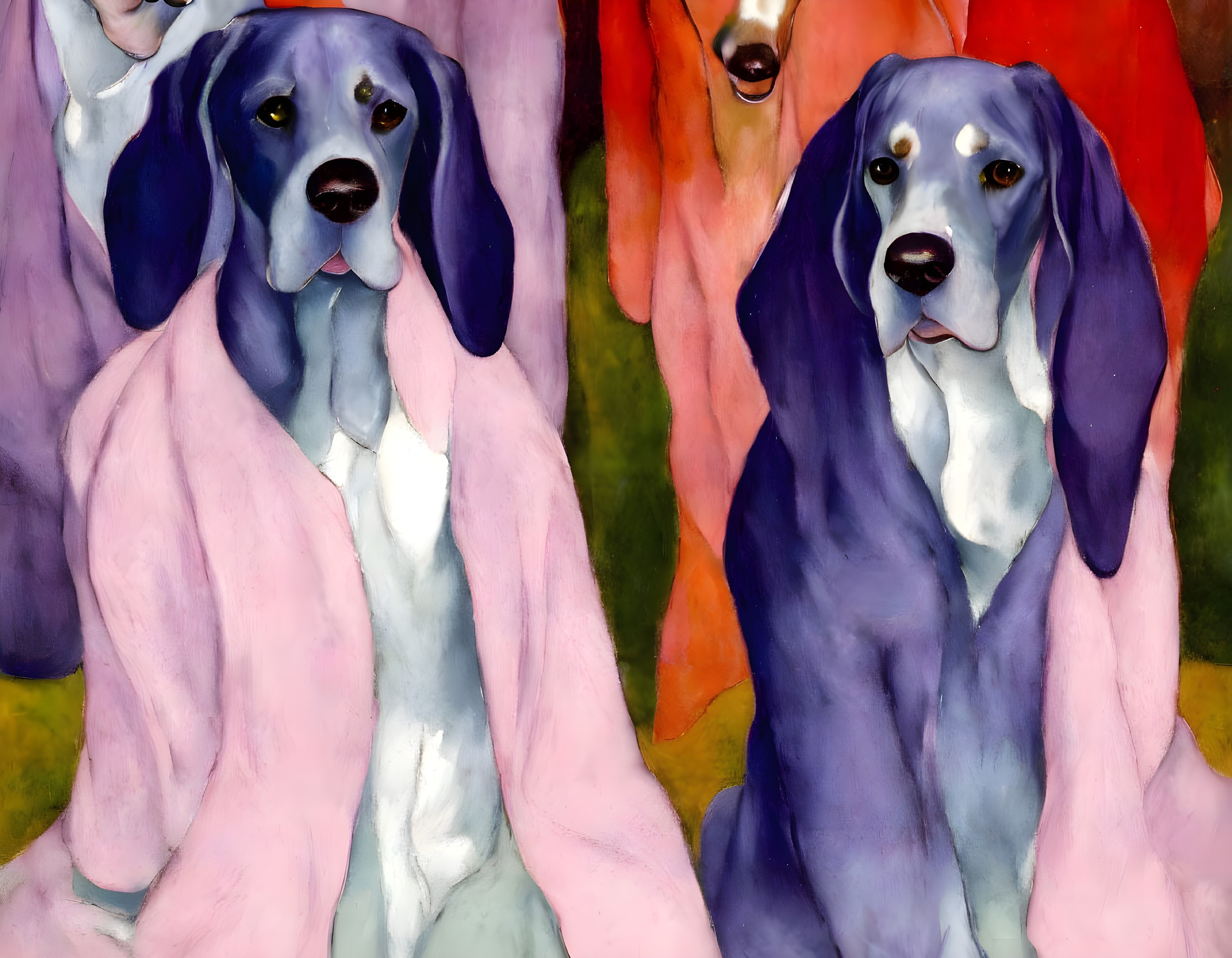 Stylized dogs in colorful robes against vibrant abstract backdrop