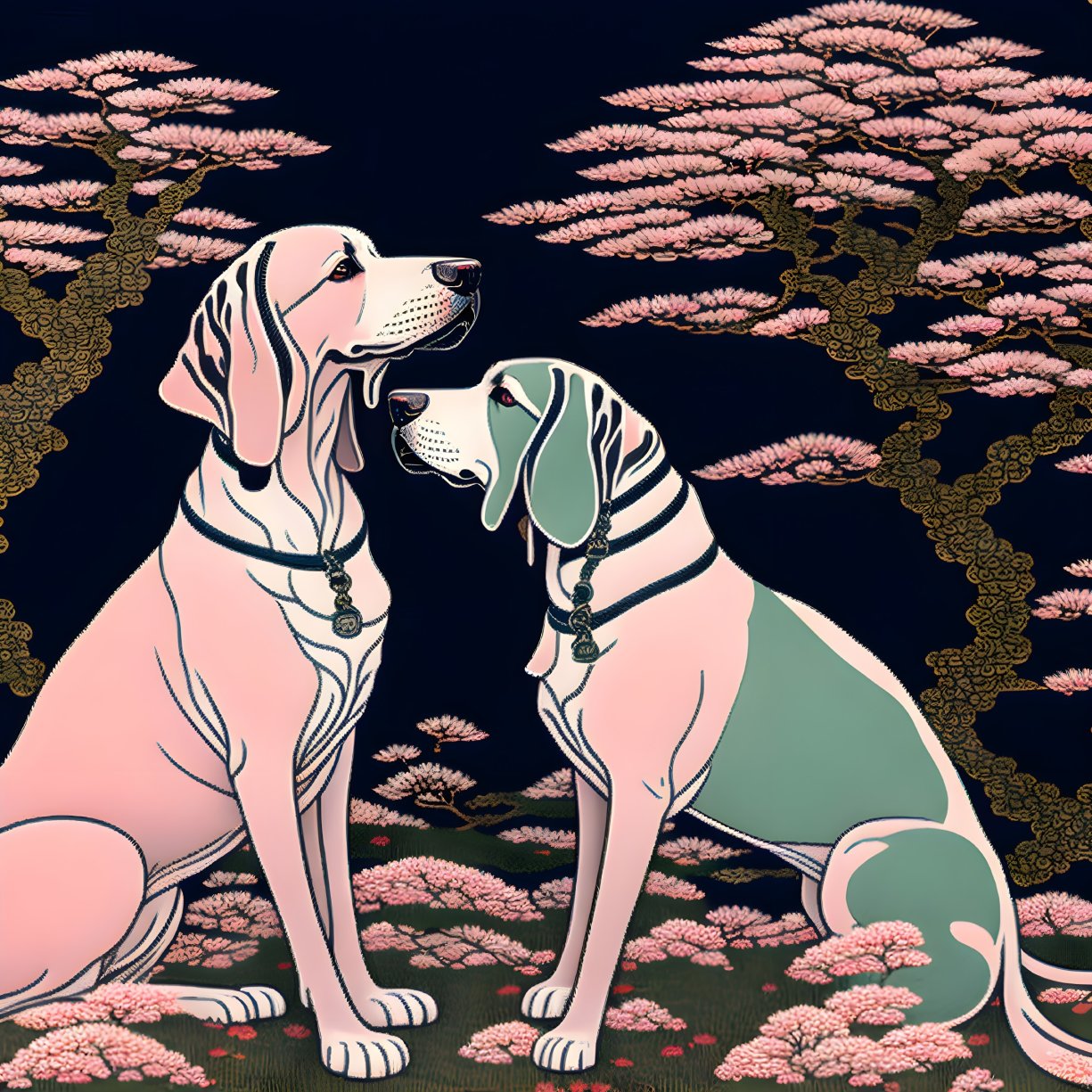 Stylized dogs under cherry blossom trees at night