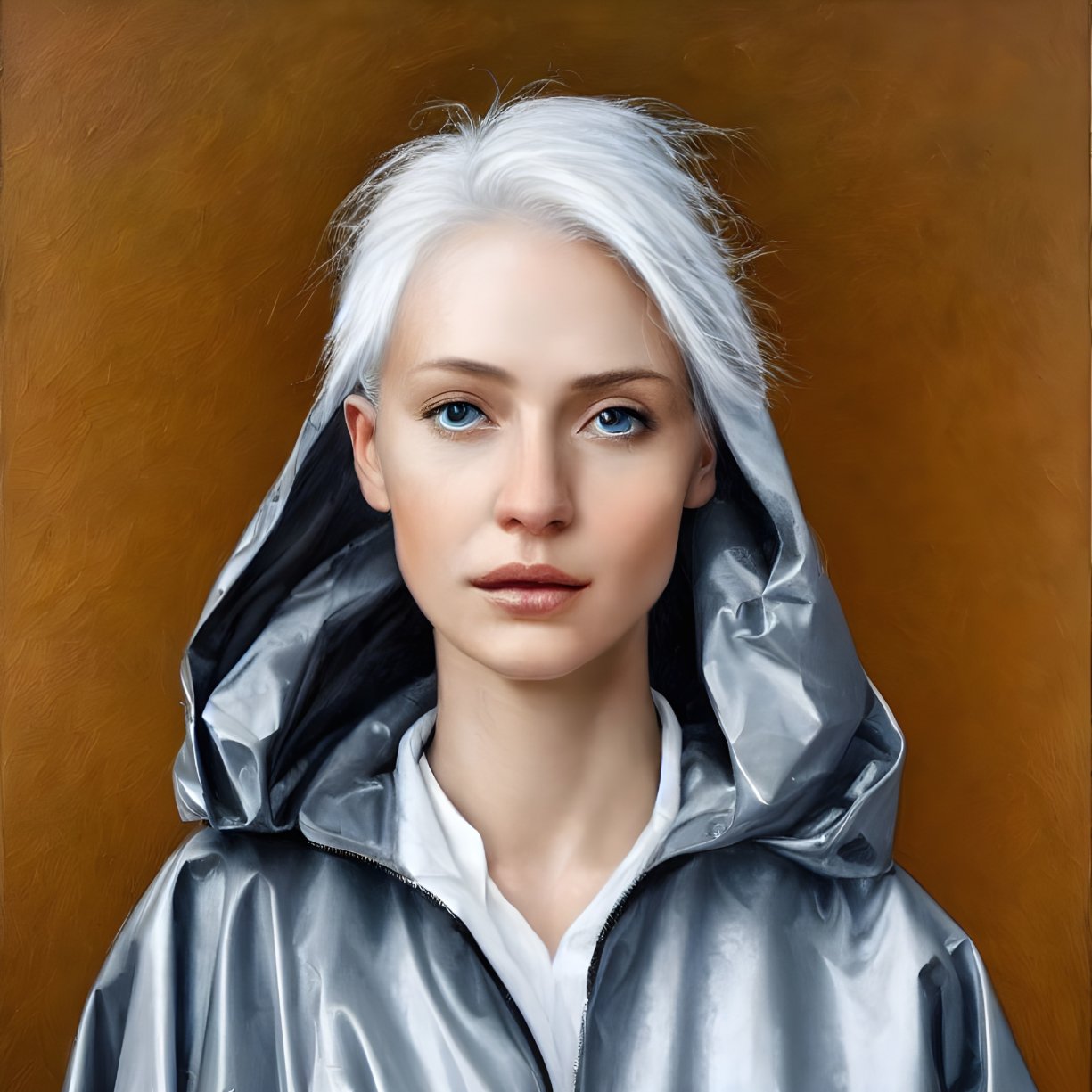 Portrait of Woman with Striking Blue Eyes and Platinum Blonde Hair