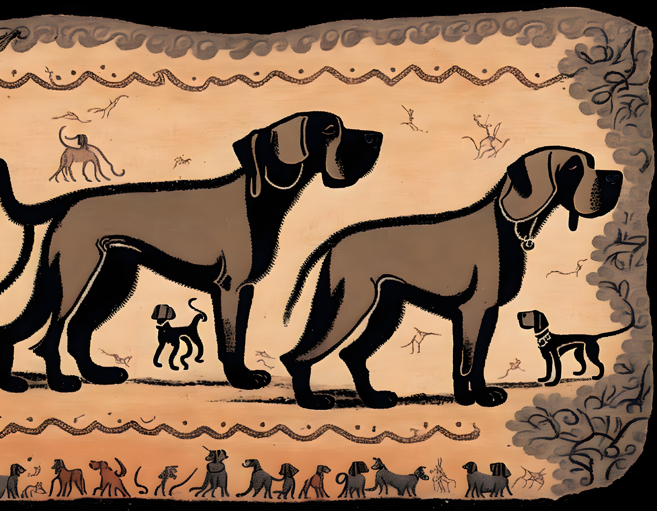 Ancient Greek pottery style illustration of dogs and hunters
