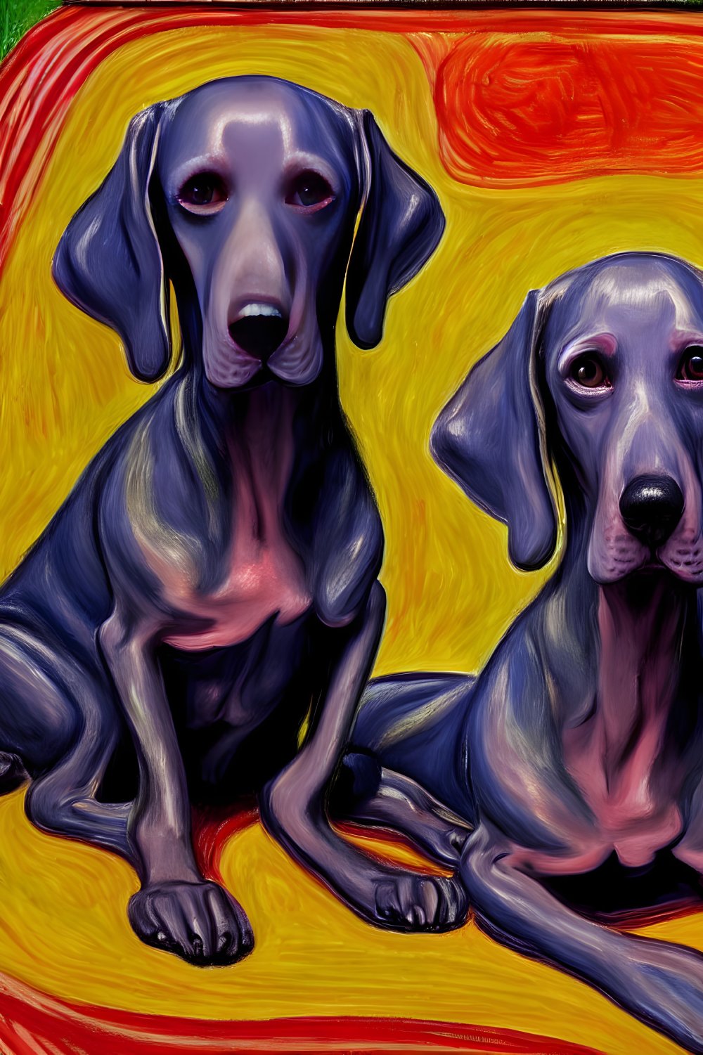 Stylized dogs with exaggerated features on vibrant red and yellow background