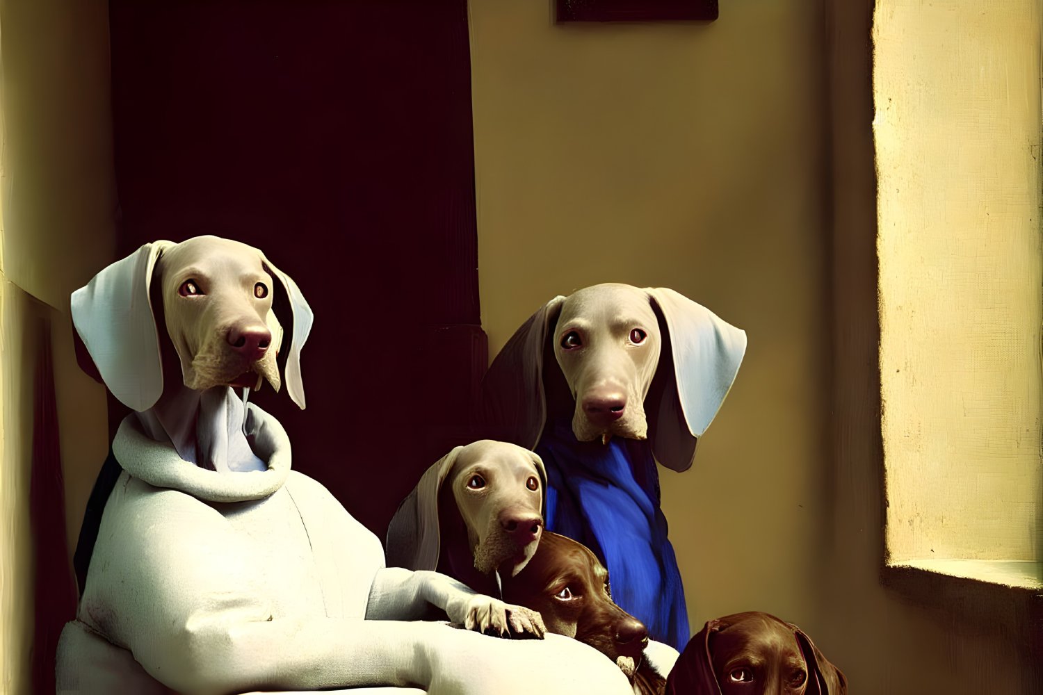 Five Dogs in Colorful Clothes with Exaggerated Human-like Eyes
