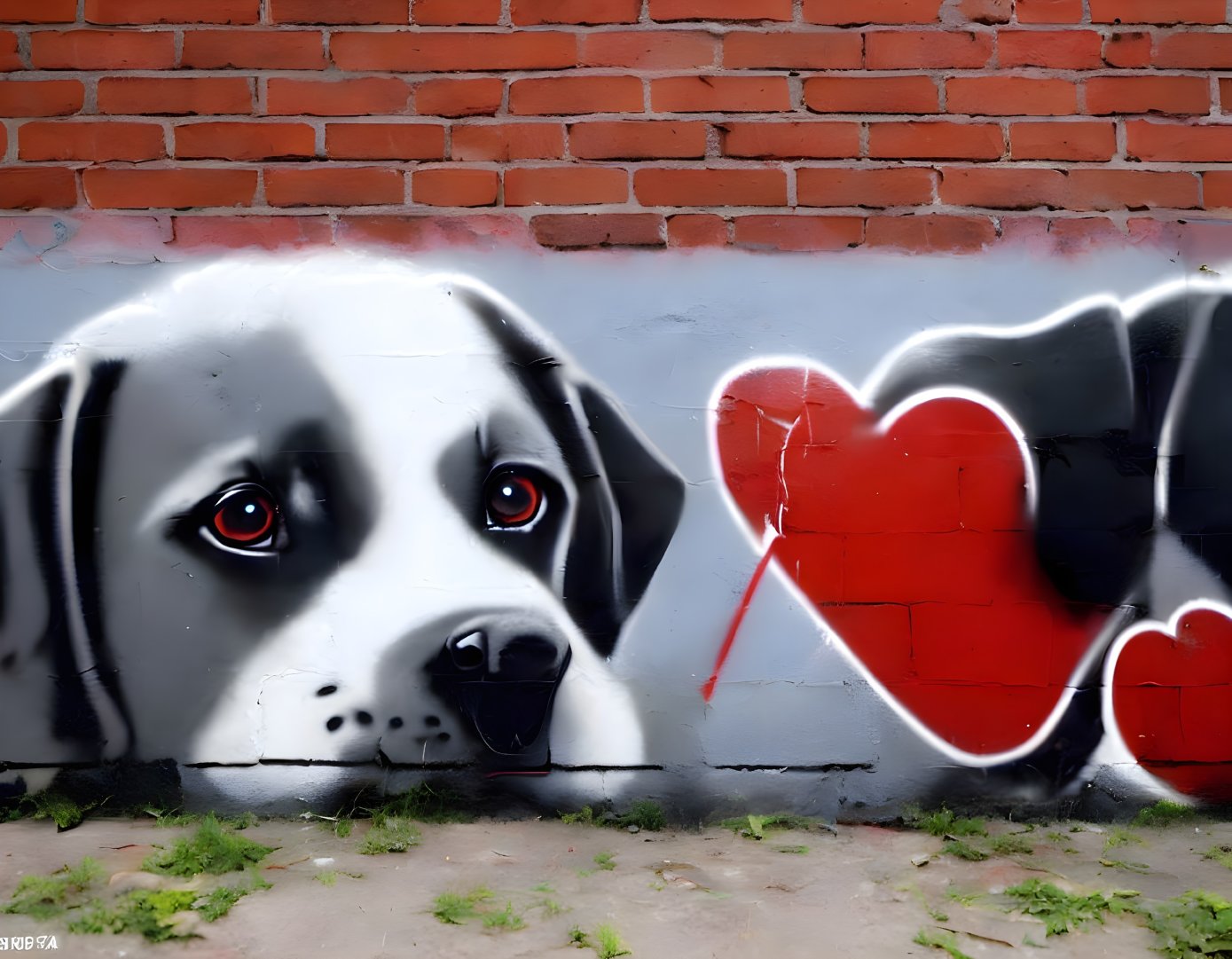 Vibrant graffiti mural featuring dog's face and heart symbol hand