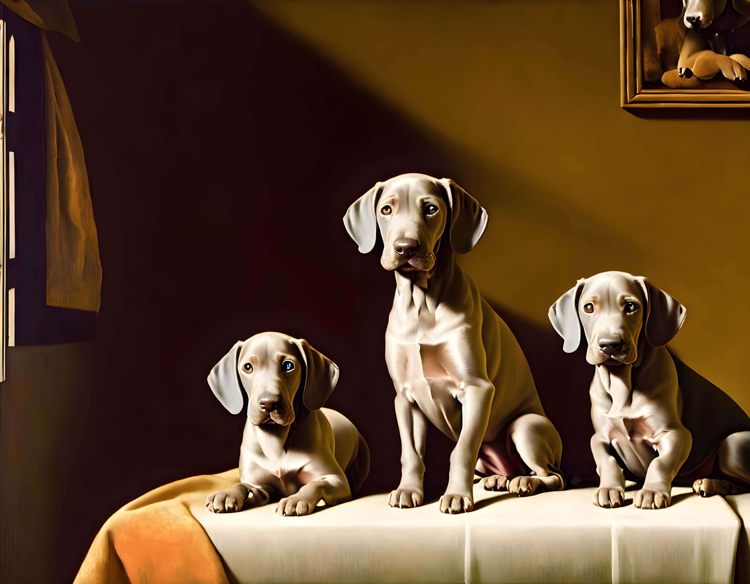 Three Weimaraner Puppies on Table with Dark Background
