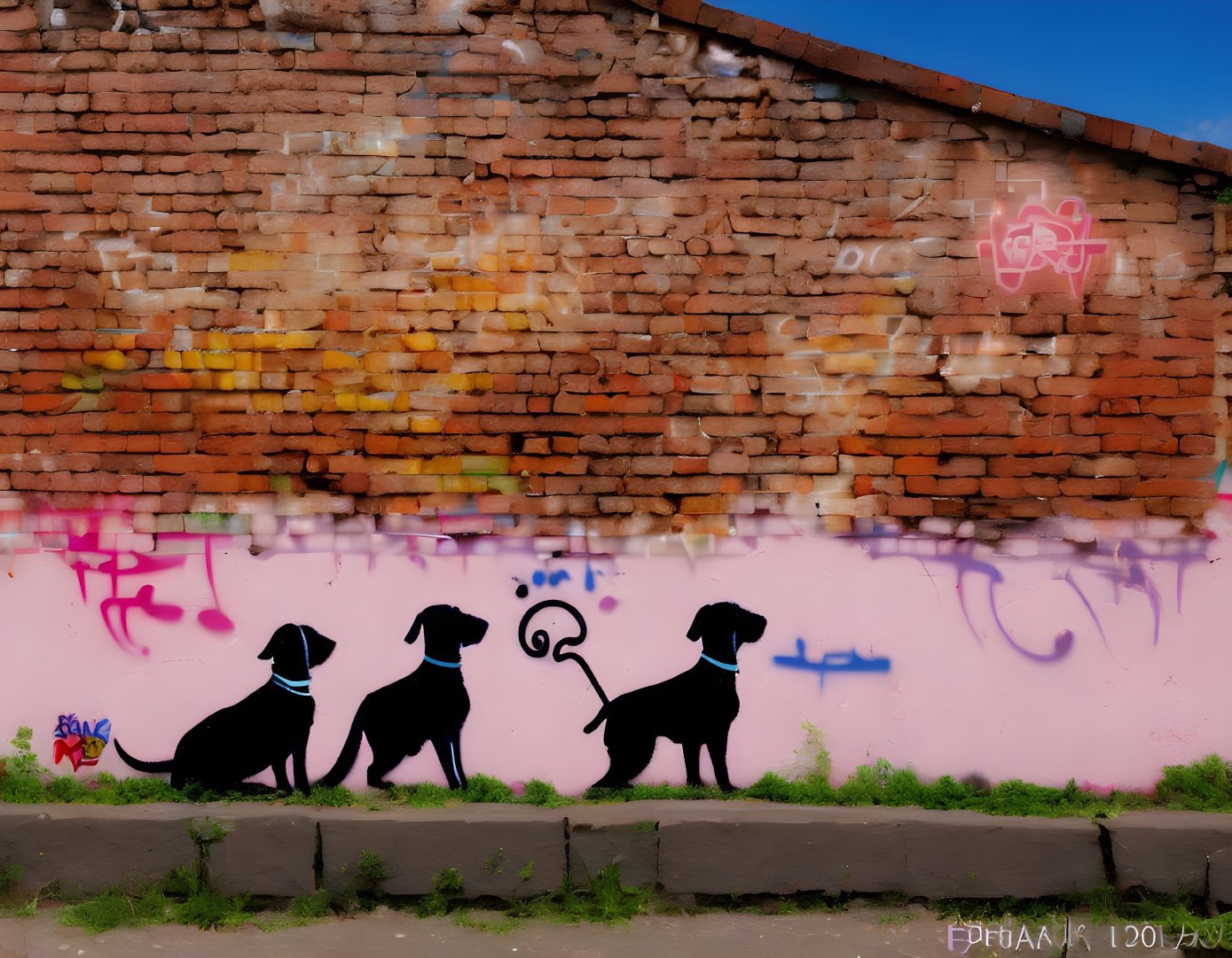 Vibrant graffiti wall with dog silhouettes and tags