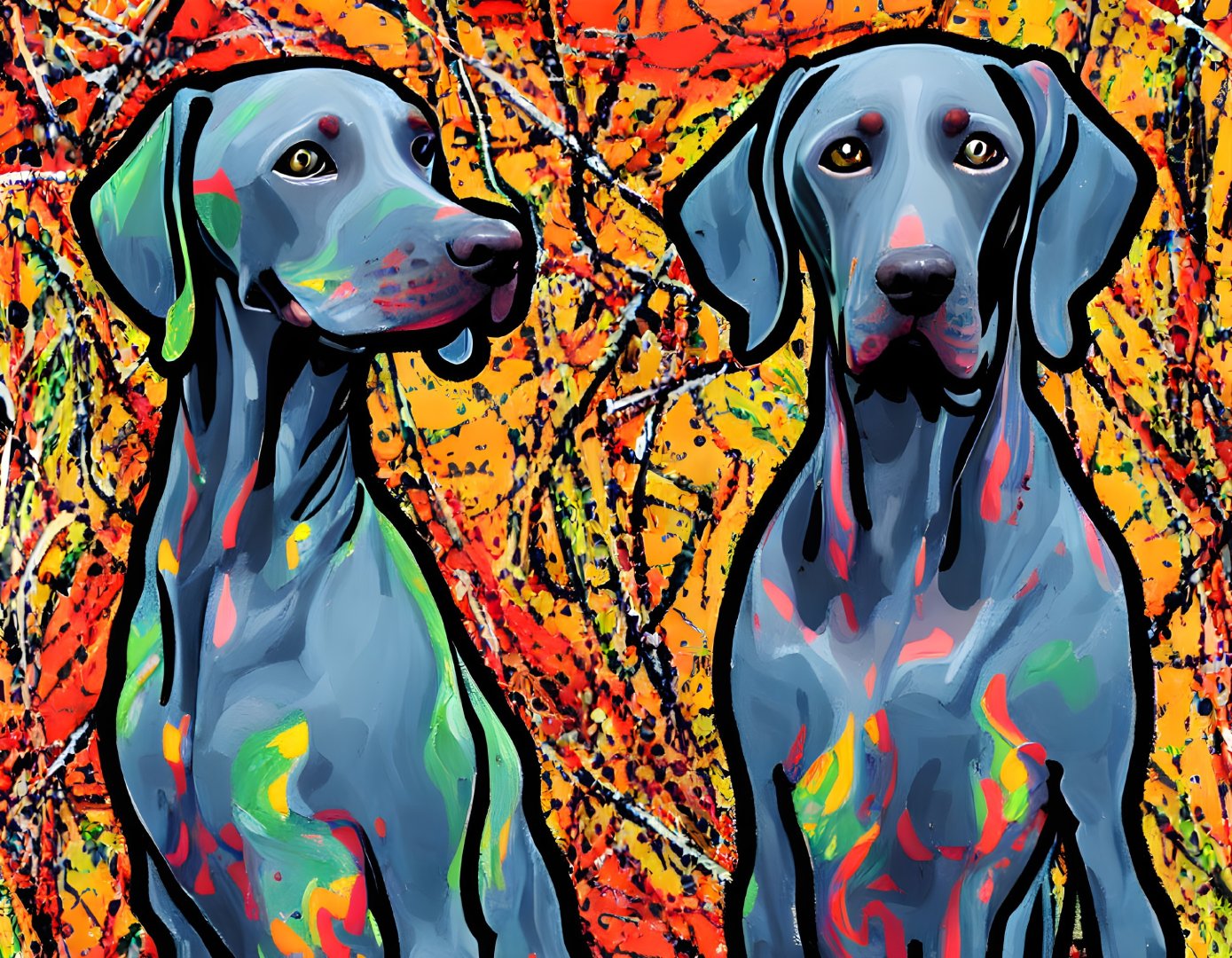 Abstract Art: Colorful Weimaraner Dogs in Dynamic Paint Splatter Scene