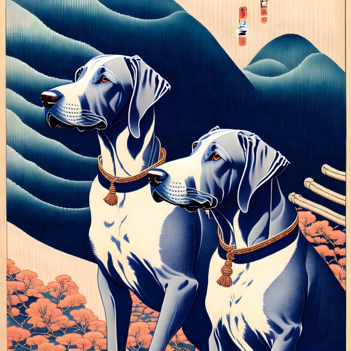 Stylized dogs with decorative collars on Japanese wave and floral background