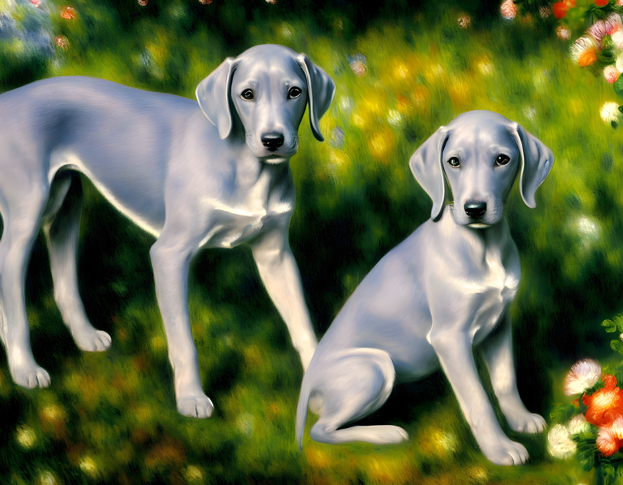 Two White Dogs in Vibrant Garden with Greenery and Flowers