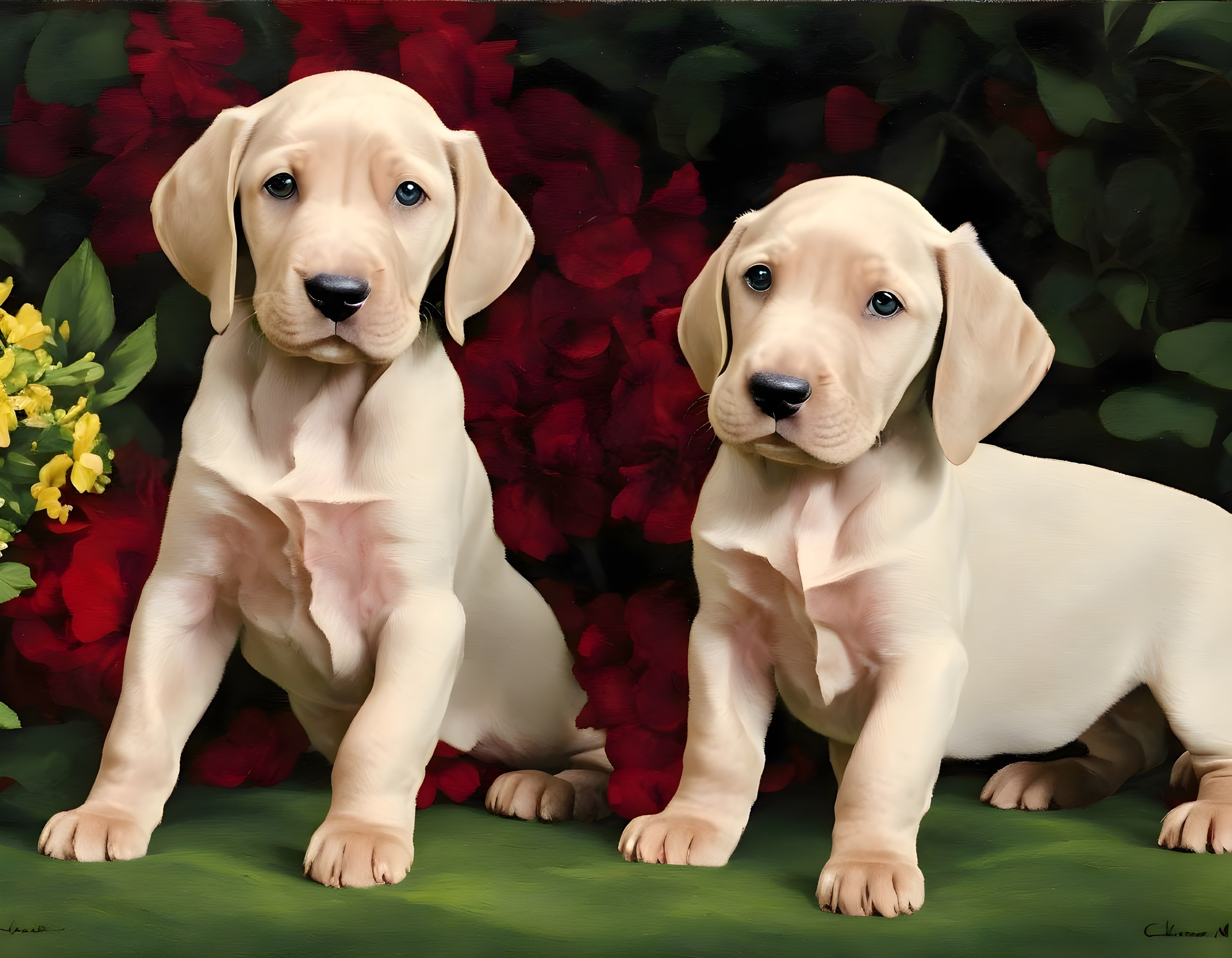 Labrador puppies in lush greenery with red flowers