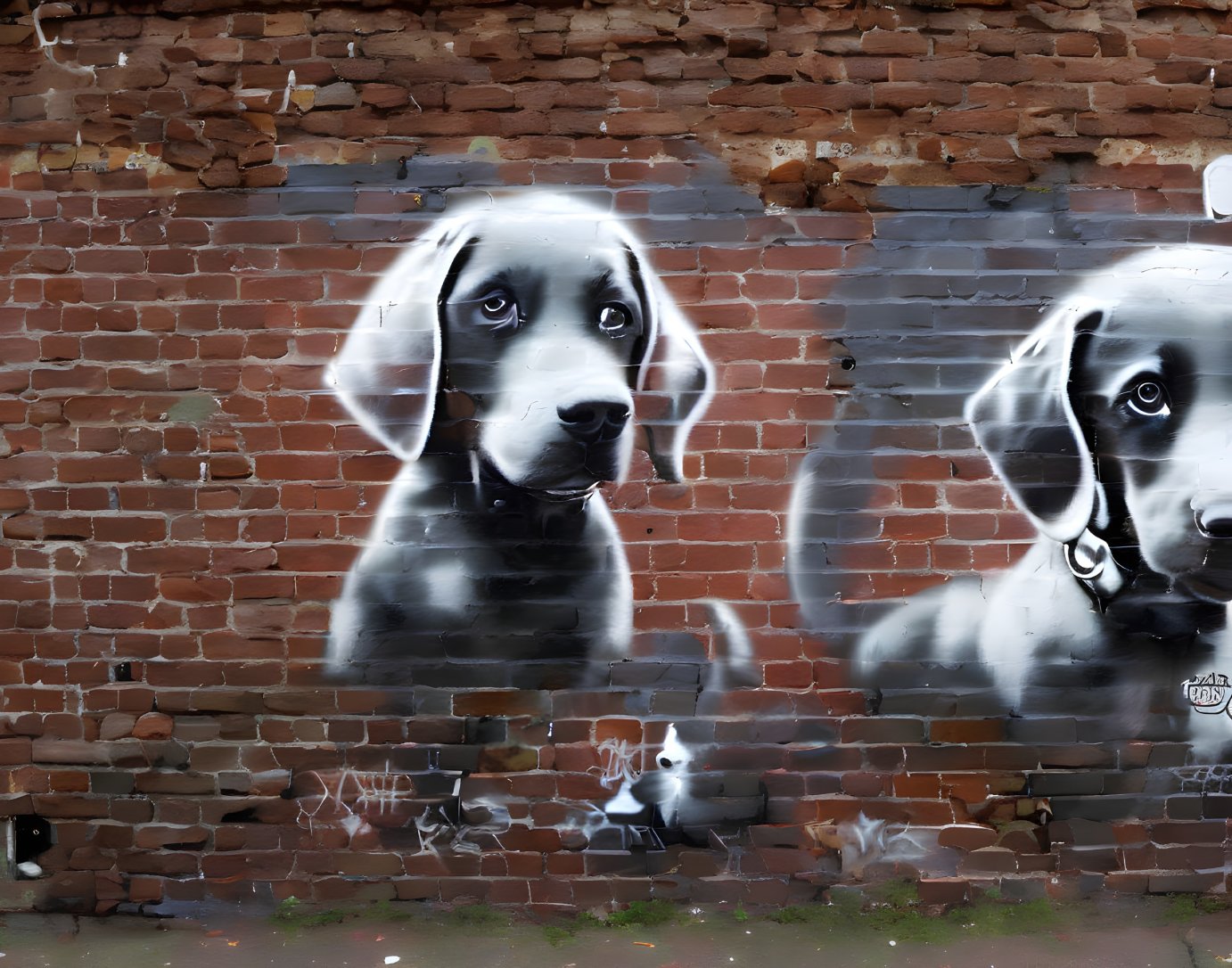 Black and white graffiti murals of puppies and cat on weathered brick wall