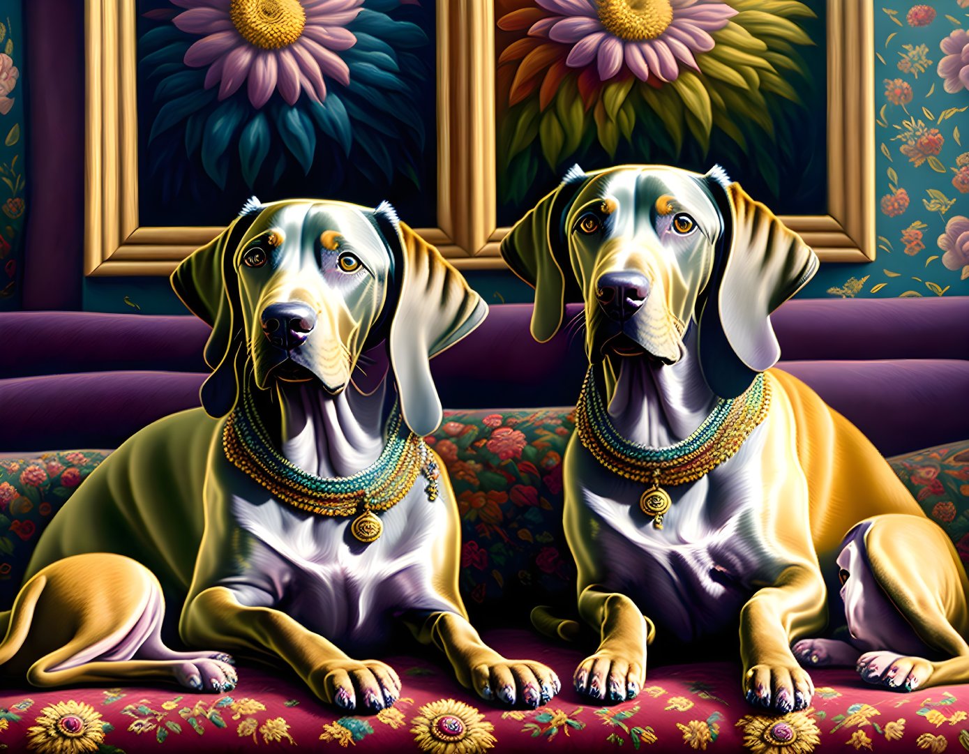 Regal dogs with necklaces in lush floral setting.
