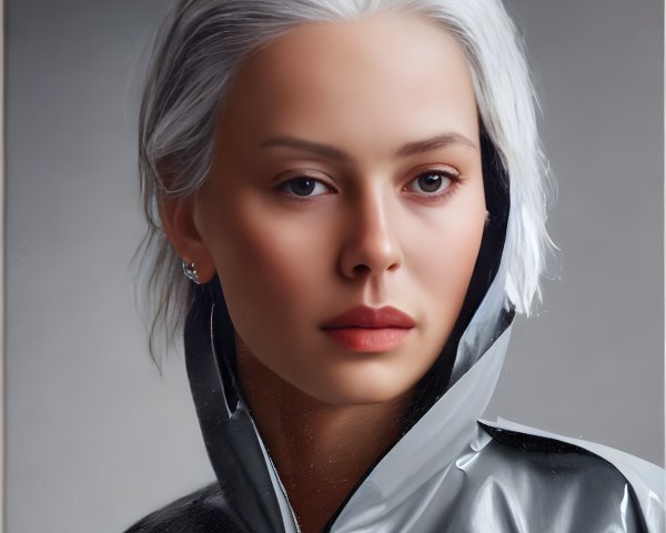 Portrait of woman with silver-white hair and dark roots in silver jacket on grey background