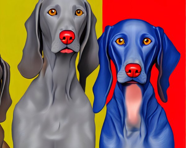 Stylized dogs with glossy coats on split yellow and red background