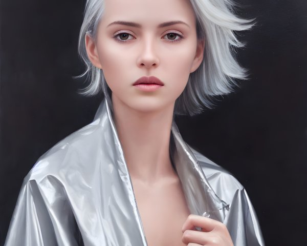 Woman with Short Silver Hair in Shiny Silver Jacket on Dark Background