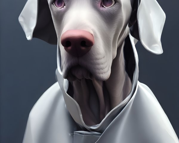 Digital illustration of white Great Dane with purple human-like eyes in draped garment on grey background