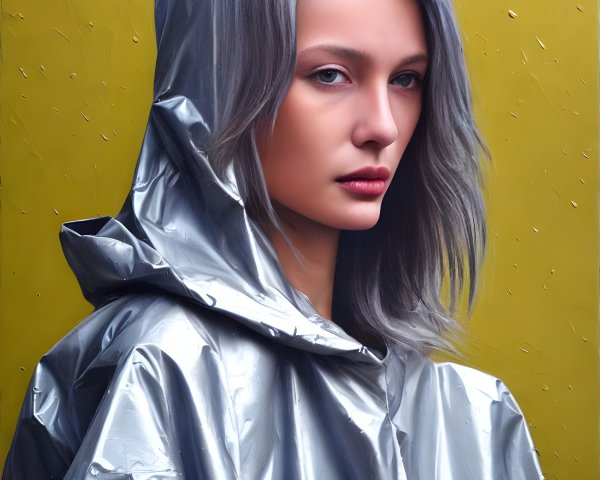 Silver-Haired Woman in Matching Raincoat on Yellow Background with Raindrops