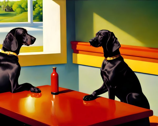 Two Black Dogs with Golden Collars Sitting at Table in Sunlit Room