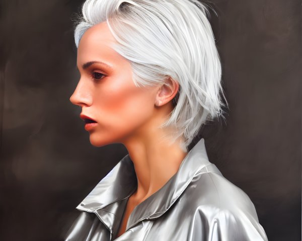 Profile of person with short white hair in metallic garment