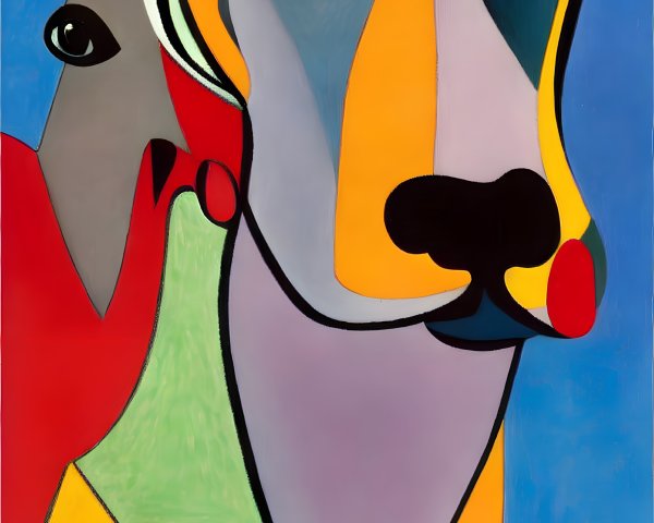 Vibrant abstract painting of stylized dog with bold eyes and colorful geometric shapes