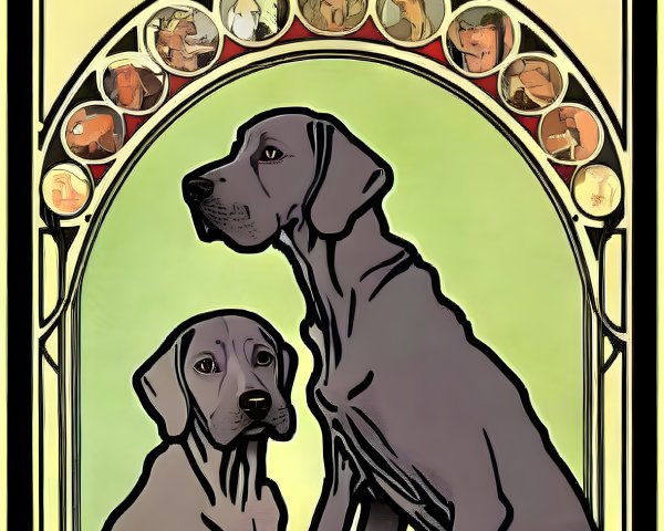 Two dogs in front of ornate arched window with decorative icons.