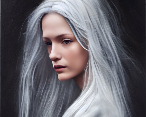 Portrait of a Person with Long White Hair and Subtle Gaze