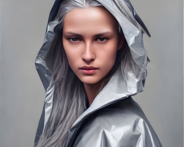 Silver-haired person in metallic jacket on gray background