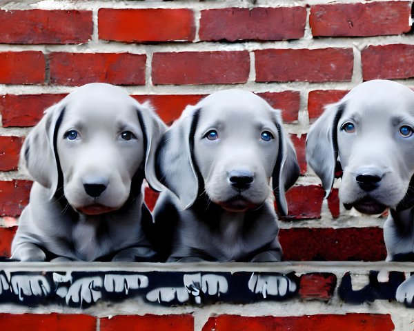 Three Weimaraner Puppies Behind Black Fence and Red Brick Wall