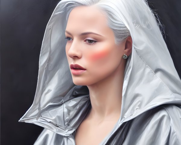 Silver-white Haired Woman in Metallic Hood with Fair Complexion and Pink Blush