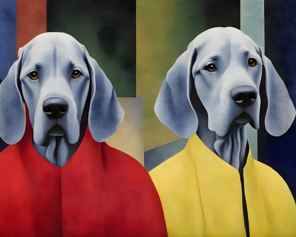 Two Dogs in Human-like Postures with Red and Yellow Shirts on Geometric Background