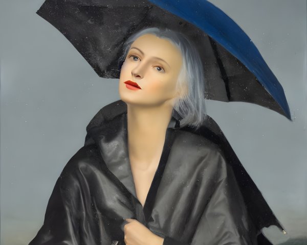Pale-skinned woman with platinum blond hair holding a black umbrella under moody sky