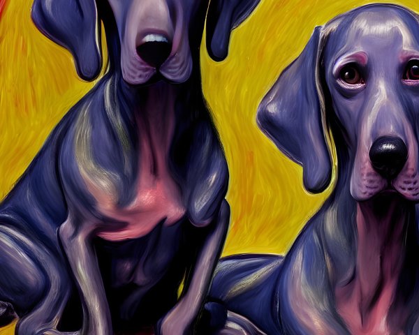 Stylized dogs with exaggerated features on vibrant red and yellow background