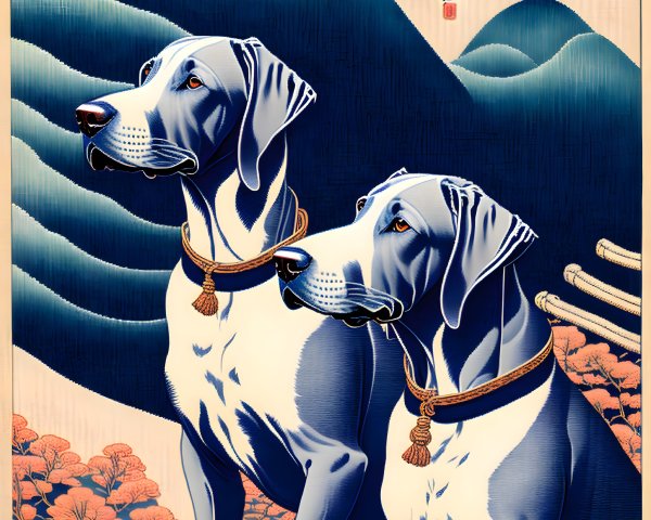 Stylized dogs with decorative collars on Japanese wave and floral background