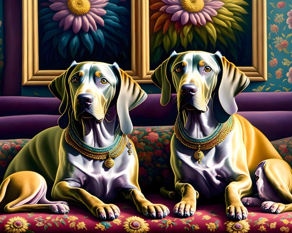 Regal dogs with necklaces in lush floral setting.