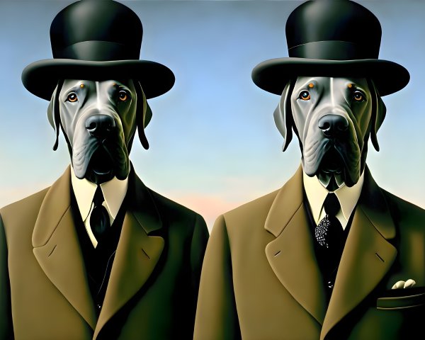 Anthropomorphic Dogs in Suits and Top Hats Against Sky Background