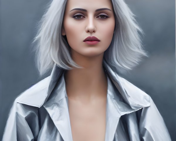Silver-haired woman in metallic jacket and makeup on grey background