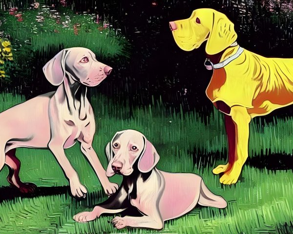 Stylized dogs in colorful grassy setting
