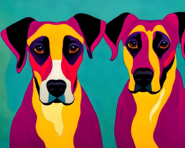 Vividly Colored Stylized Dog Paintings in Yellow, Pink, and Purple on Te