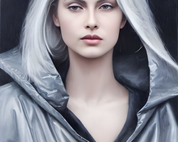 Striking Grey-Haired Person Portrait in Grey Hooded Garment