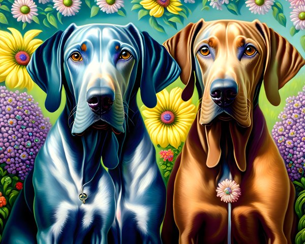 Two glossy-coated dogs in blue and brown colors against a backdrop of lush flowers