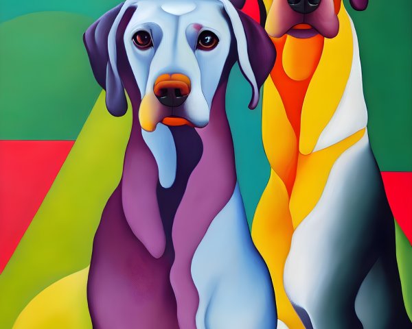 Colorful Stylized Dogs with Human-like Eyes on Abstract Background
